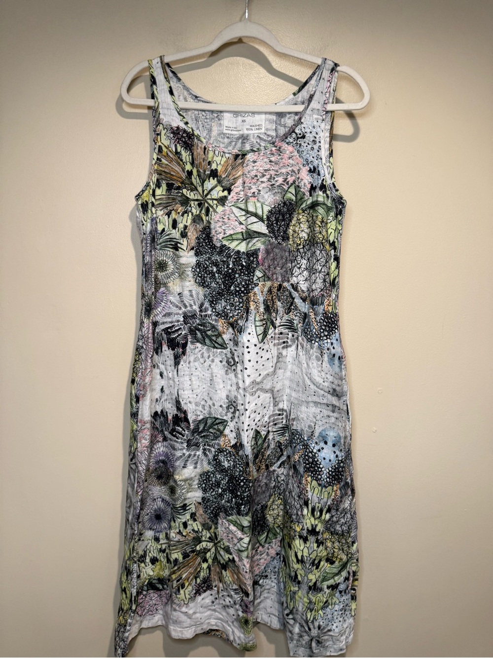 Grizas Sleeveless Botanical Print 100% Linen Dress bohemian Lagenlook
